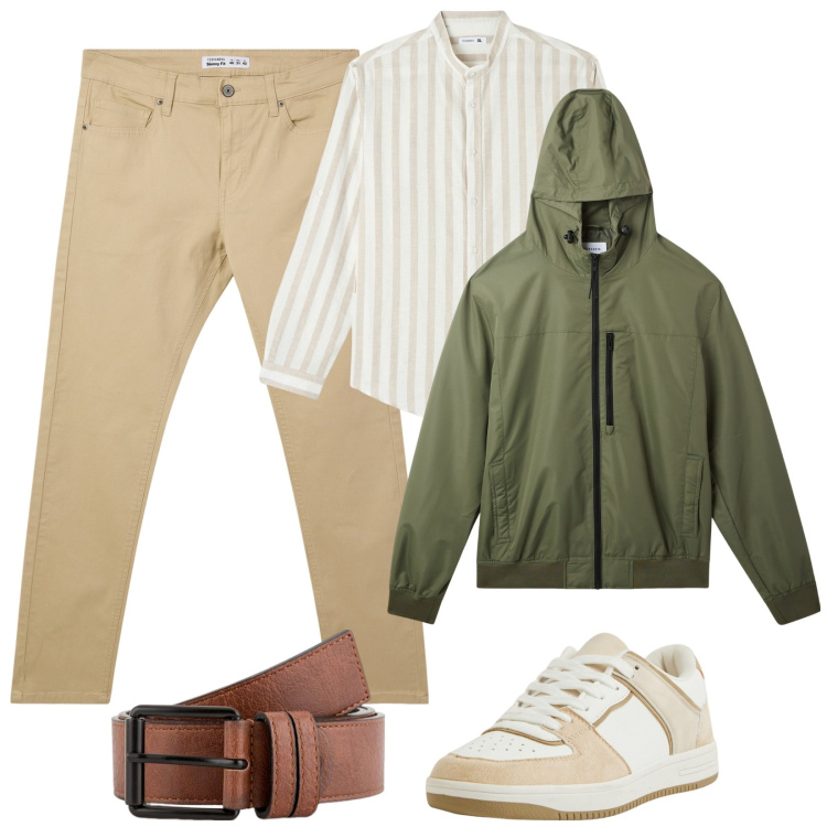 Outfit uomo - Aria di primavera. Stile Casual per Tutti i giorni. Abbinamento con camicie, pantaloni skinny, sneakers, giacche, cinture.