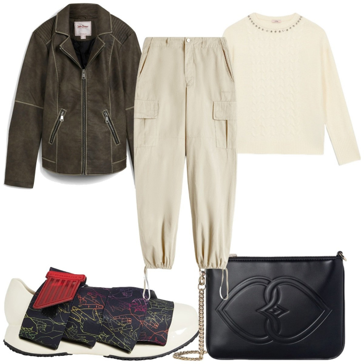 Outfit donna - Total look #2102251. Stile Trendy per Tutti i giorni. Abbinamento con blazer, sneakers, pantaloni cargo, maglieria, pochette.