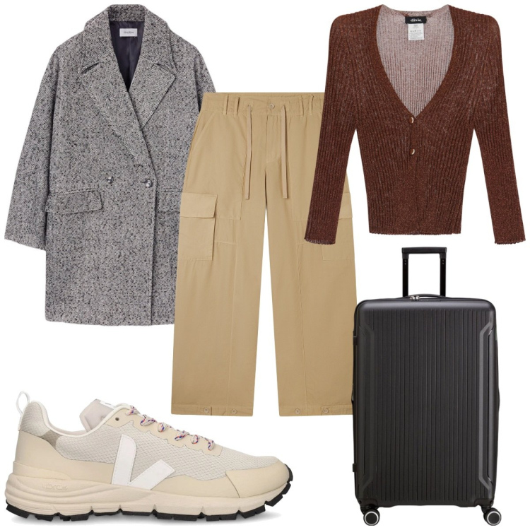 Outfit donna - Total look #2102253. Stile Trendy per Tutti i giorni. Abbinamento con pantaloni cargo, cardigans, cappotti, sneakers, valigie.
