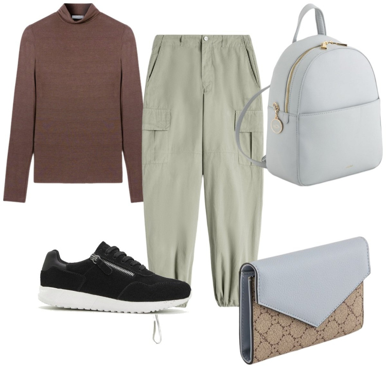 Outfit donna - Total look #2102255. Stile Trendy per Tutti i giorni. Abbinamento con sneakers, pantaloni cargo, zaini, portafogli, maglieria.