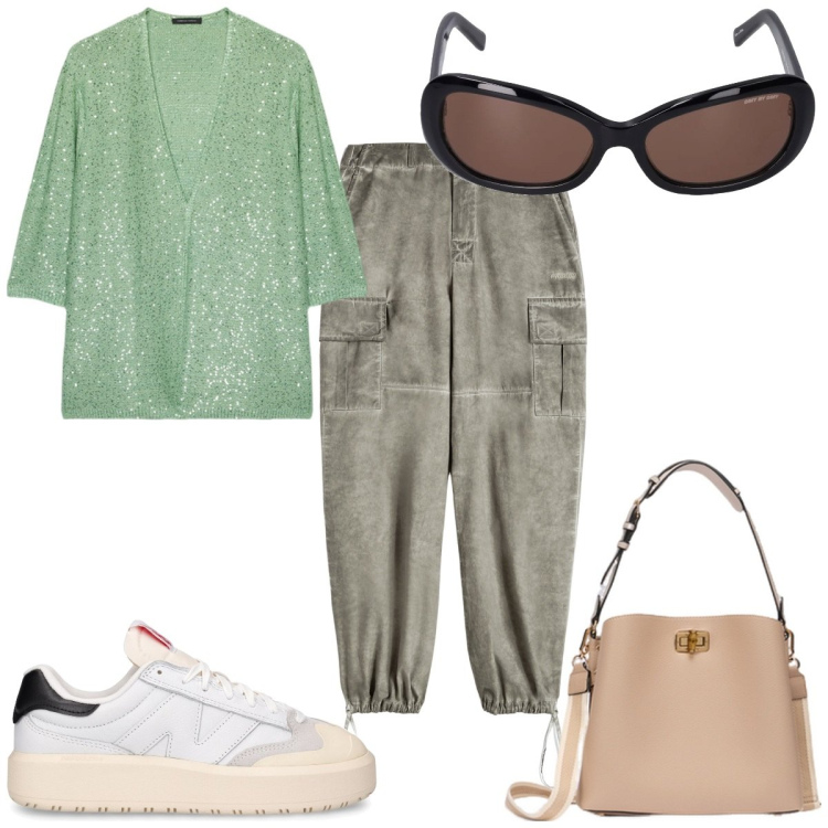 Outfit donna - Total look #2102256. Stile Trendy per Tutti i giorni. Abbinamento con pantaloni cargo, cardigans, sneakers, occhiali da sole, borse a secchiello.