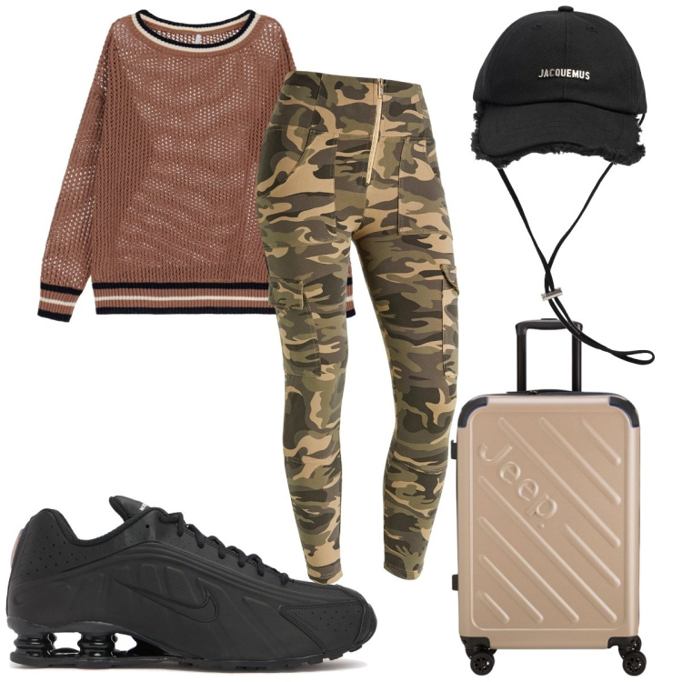 Outfit donna - Total look #2102262. Stile Military per Tutti i giorni. Abbinamento con pullovers, pantaloni cargo, valigie, cappelli, sneakers.