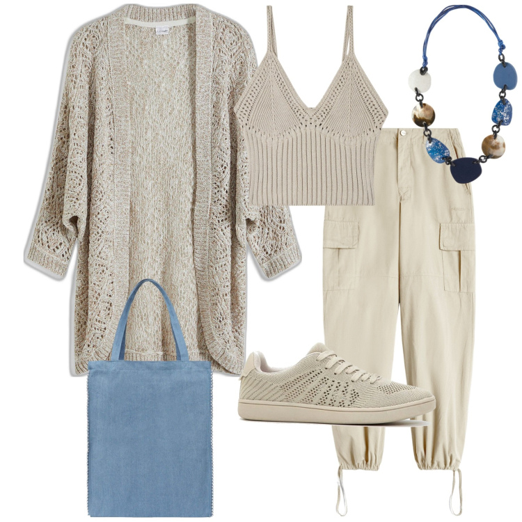 Outfit donna - Utility soft. Stile Sporty chic per Serata fuori. Abbinamento con cardigans, sneakers, borse tote, top, pantaloni cargo, collane.