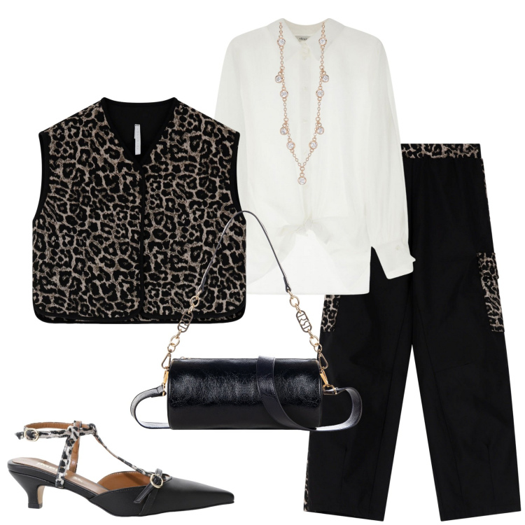 Outfit donna - Utility soft. Stile Casual chic per Serata fuori. Abbinamento con collane, borse a mano, décolleté, gilet, pantaloni cargo, camicie.