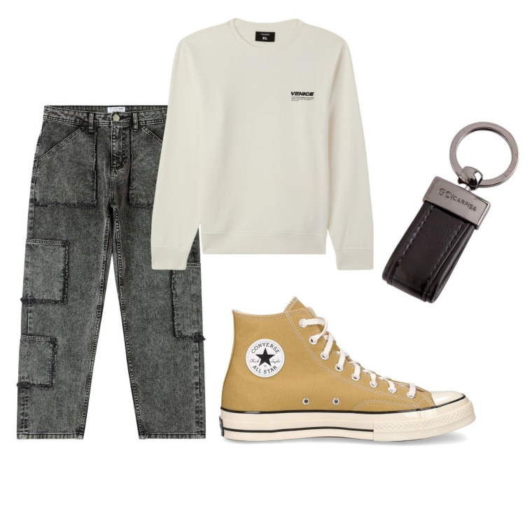 Outfit uomo - Total look #2102270. Stile Casual per Tutti i giorni. Abbinamento con felpe, jeans, sneakers, portachiavi.