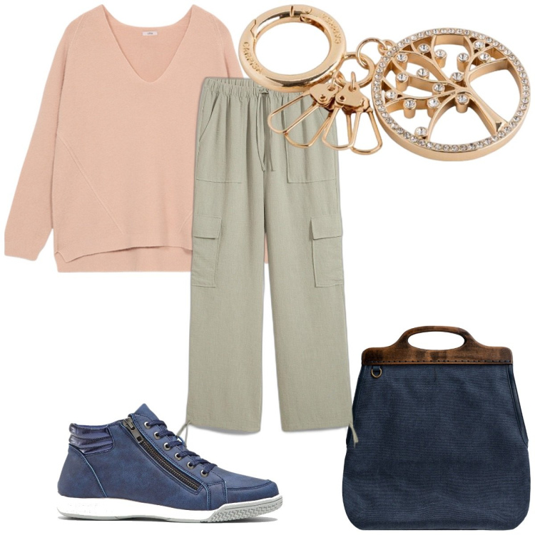 Outfit donna - Total look #2102271. Stile Trendy per Tutti i giorni. Abbinamento con sneakers alte, pantaloni cargo, maglieria, borse a tracolla, portachiavi.