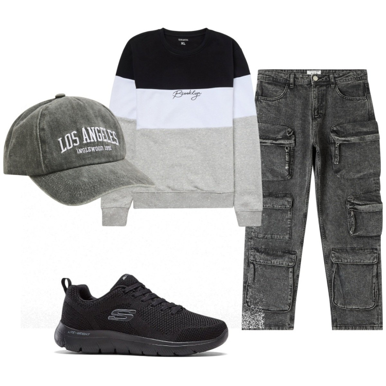 Outfit uomo - Total look #2102272. Stile Casual per Tutti i giorni. Abbinamento con sneakers, cappelli, jeans, felpe.