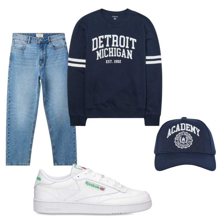 Outfit uomo - Total look #2102274. Stile Casual per Tutti i giorni. Abbinamento con cappelli con visiera, jeans, felpe, sneakers.