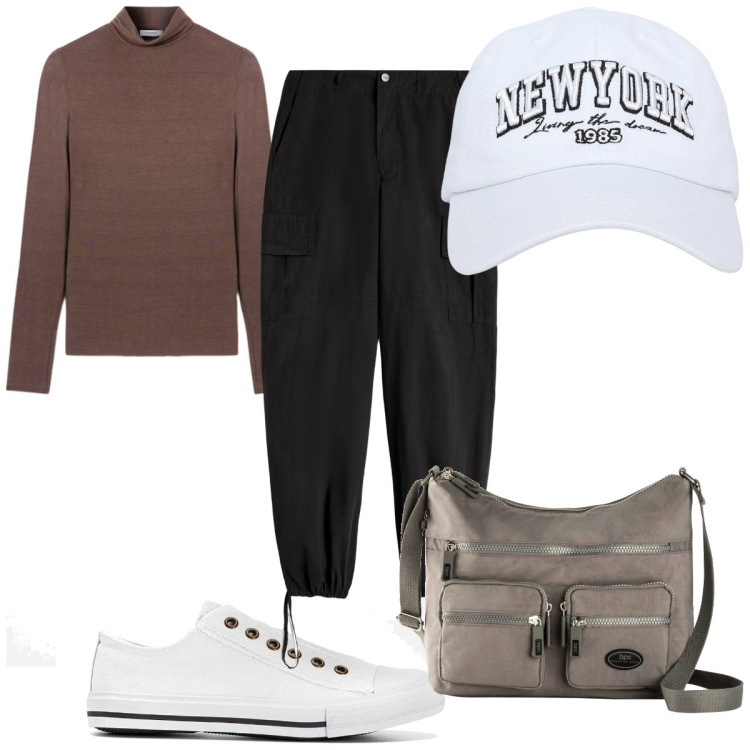Outfit donna - Total look #2102275. Stile Trendy per Tutti i giorni. Abbinamento con borse a tracolla, sneakers, cappelli, pantaloni cargo, maglieria.