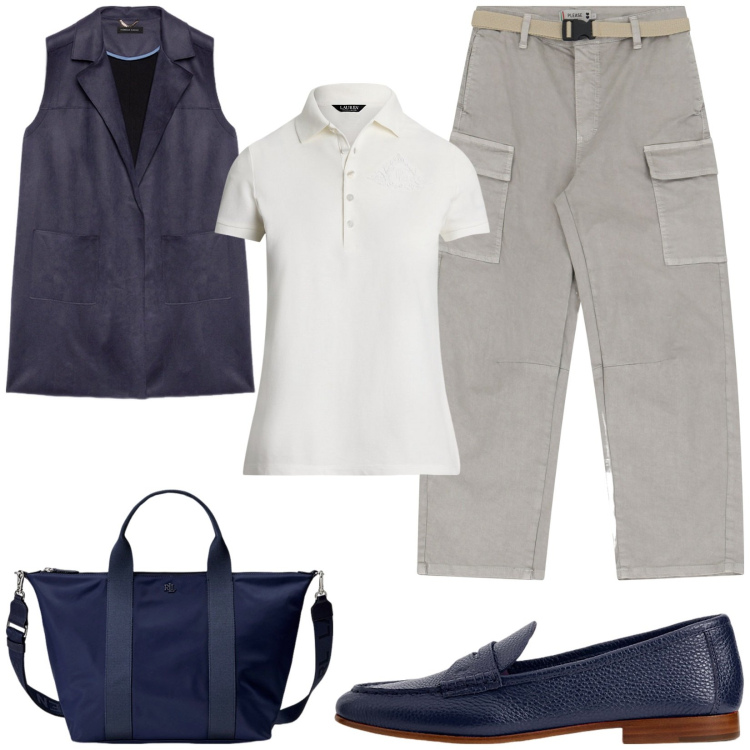 Outfit donna - Cargo e mocassini. Stile Casual chic per Tutti i giorni. Abbinamento con pantaloni chino, borse tote, mocassini, polo, gilet.
