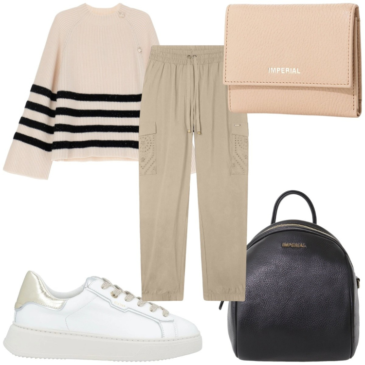 Outfit donna - Total look #2102280. Stile Trendy per Tutti i giorni. Abbinamento con sneakers, portafogli, zaini, pantaloni cargo, maglieria.
