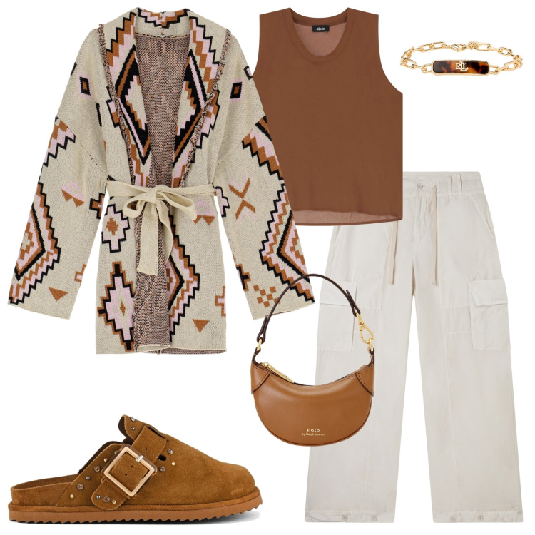 Outfit donna - Utility soft. Stile Casual chic per Tutti i giorni. Abbinamento con cardigans, top, pantaloni cargo, portafogli, braccialetti, sabot.