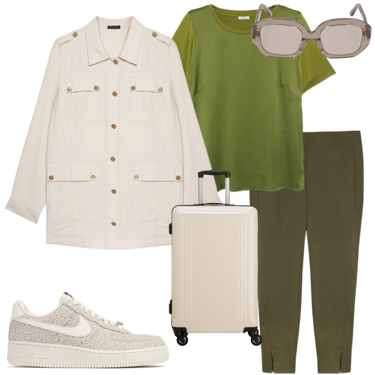 Outfit donna - Weekend con le amiche. Stile Casual per Tutti i giorni. Abbinamento con blazer, sneakers, pantaloni skinny, t-shirt, occhiali da sole, valigie.