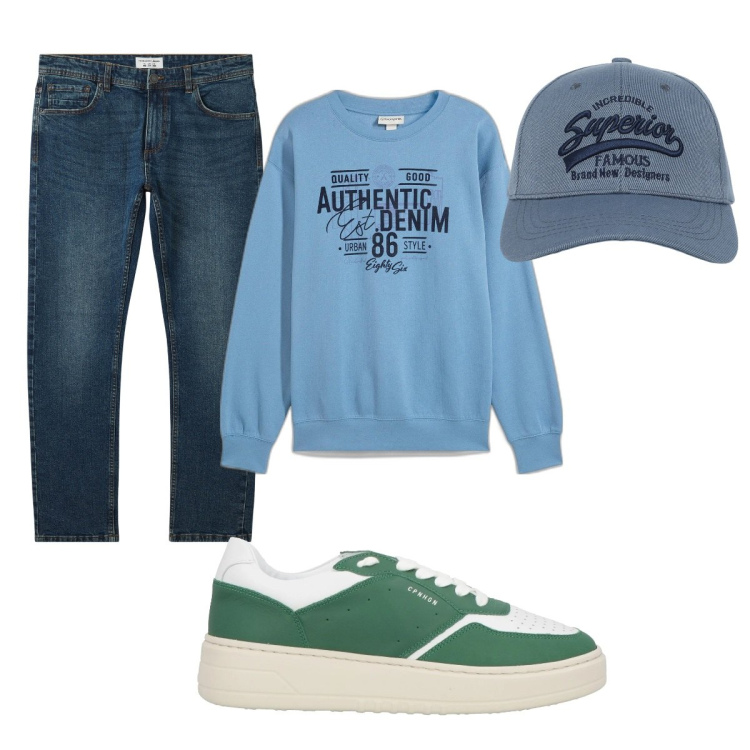 Outfit uomo - Total look #2102288. Stile Casual per Tutti i giorni. Abbinamento con felpe, sneakers, jeans, cappelli con visiera.