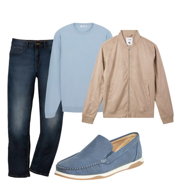 Outfit uomo - Total look #2102295. Stile Casual per Tutti i giorni. Abbinamento con jeans dritti, scarpe stringate, bomber, maglieria.