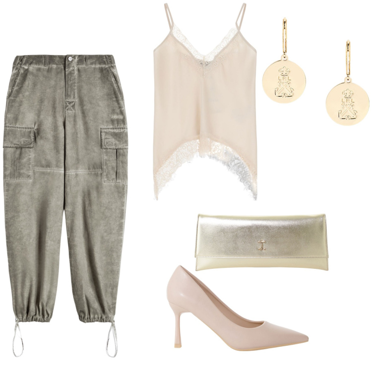Outfit donna - Semplicemente serata. Stile Chic per Serata fuori. Abbinamento con décolleté, pochette, pantaloni cargo, top, orecchini.
