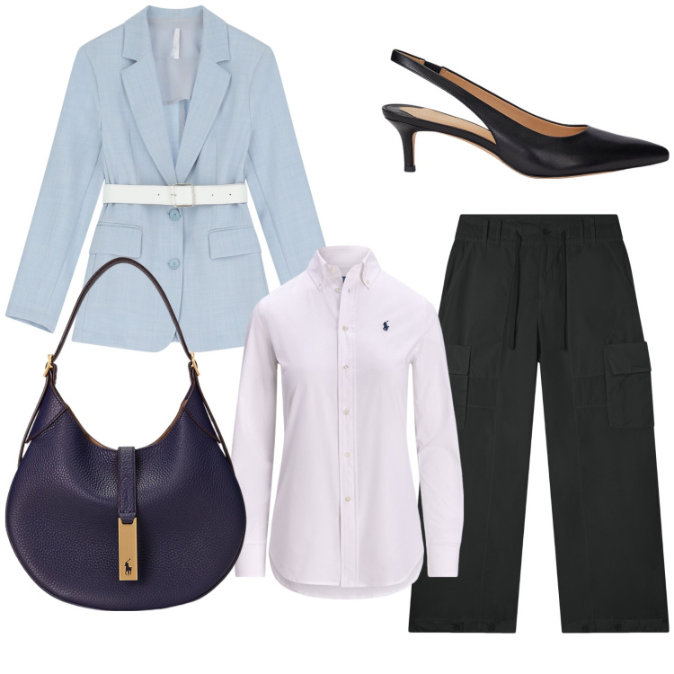 Outfit donna - Cargo in ufficio. Stile Urban per Ufficio. Abbinamento con blazer, pantaloni cargo, borse a spalla, décolleté, camicie.