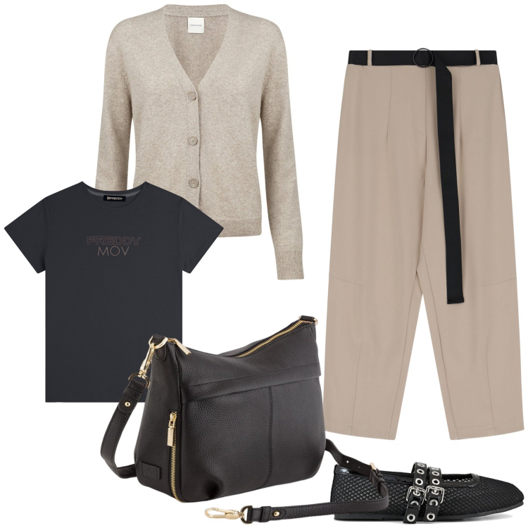 Outfit donna - Beige e nero. Stile Basic per Ufficio. Abbinamento con pantaloni, t-shirt, ballerine, cardigans, borse a tracolla.
