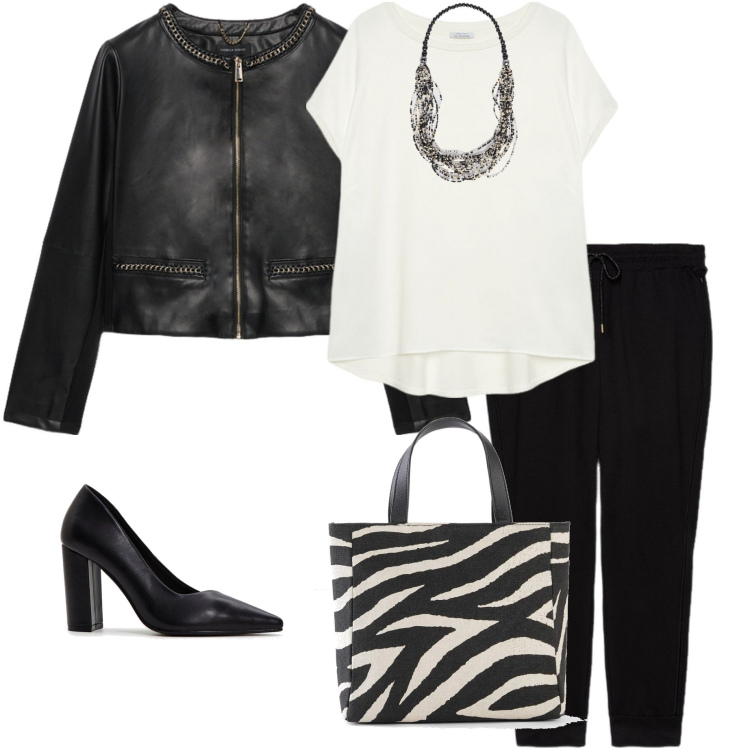 Outfit donna - Black and White. Stile Casual chic per Serata fuori. Abbinamento con borse a mano, décolleté, pantaloni, collane, blazer, bluse.