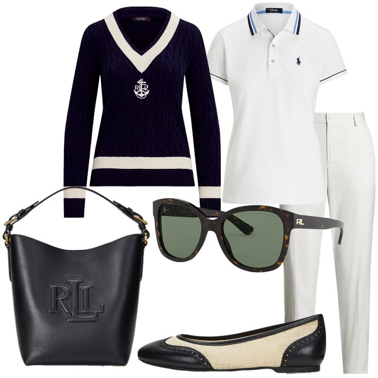 Outfit donna - Ballerine in facoltà. Stile Preppy per Scuola/Università. Abbinamento con pantaloni, polo, ballerine, borse a secchiello, occhiali da sole, maglieria.