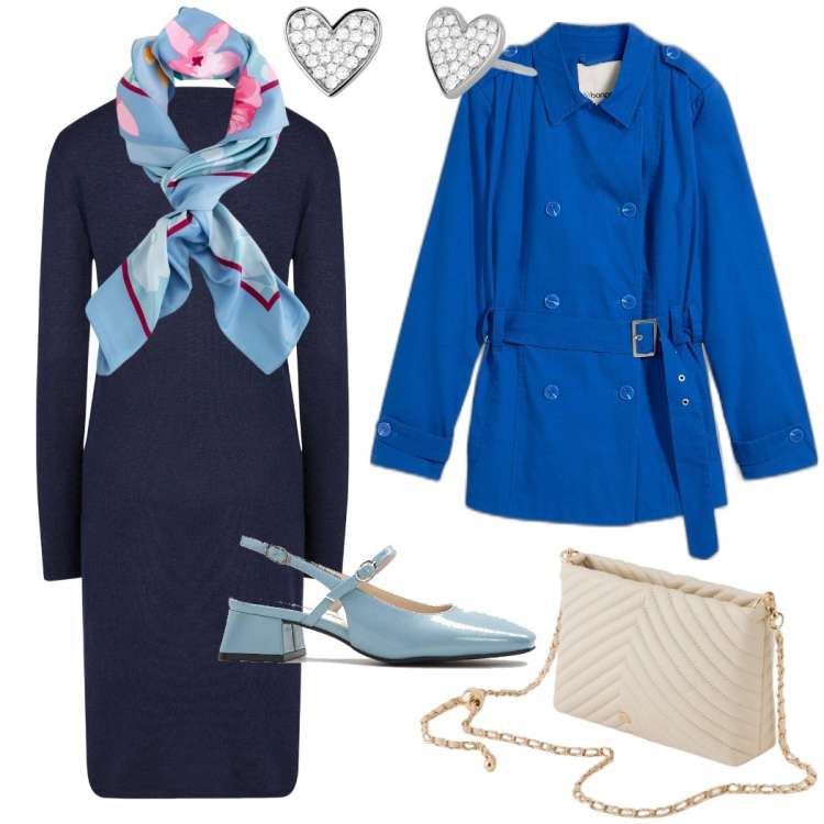 Outfit donna - Da mattina a sera. Stile Casual chic per Ufficio. Abbinamento con trench, décolleté, orecchini, vestiti midi/longuette, borse a tracolla, foulard.