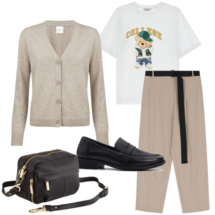 Outfit donna - Minimal in ufficio. Stile Minimal per Ufficio. Abbinamento con mocassini, pantaloni, t-shirt, cardigans, borse a tracolla.