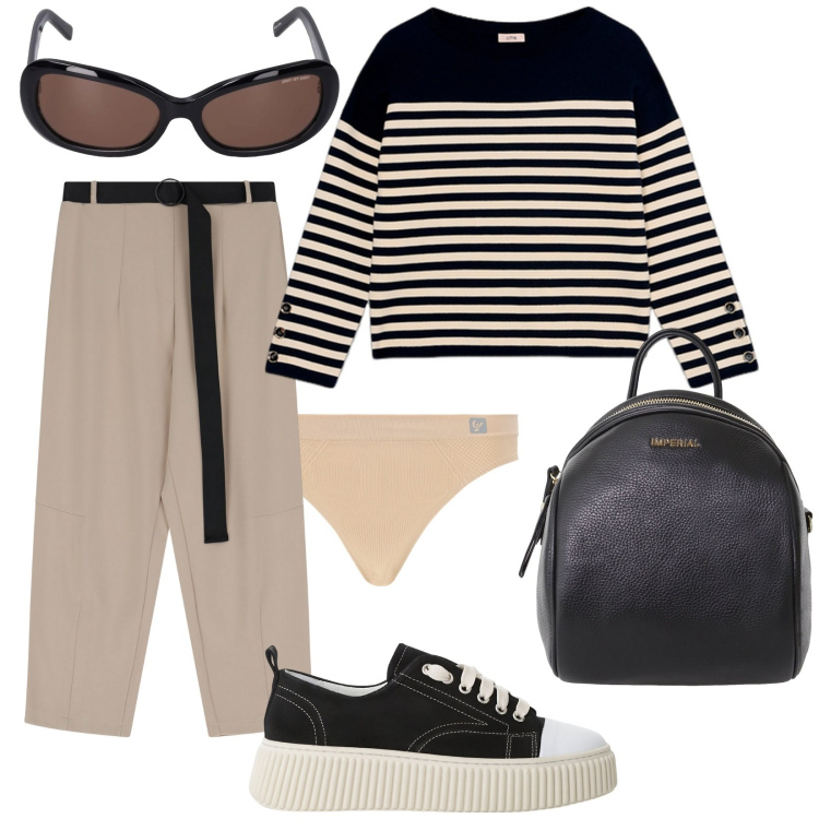 Outfit donna - Total look #2102324. Stile Casual chic per Tutti i giorni. Abbinamento con sneakers, pantaloni, zaini, perizomi, maglieria, occhiali da sole.