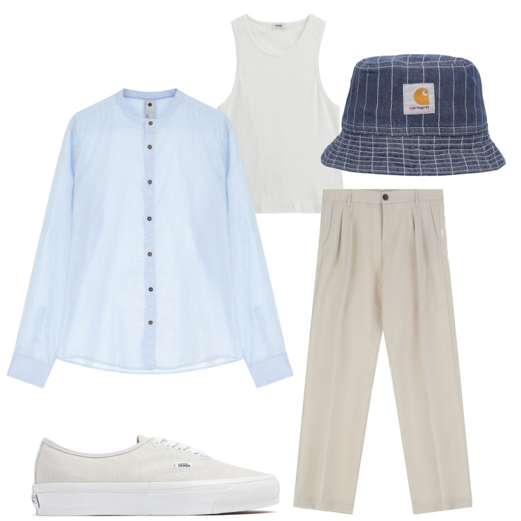 Outfit uomo - Camicia coreana. Stile Trendy per Tutti i giorni. Abbinamento con pantaloni, camicie, canottiere, cappelli, sneakers.
