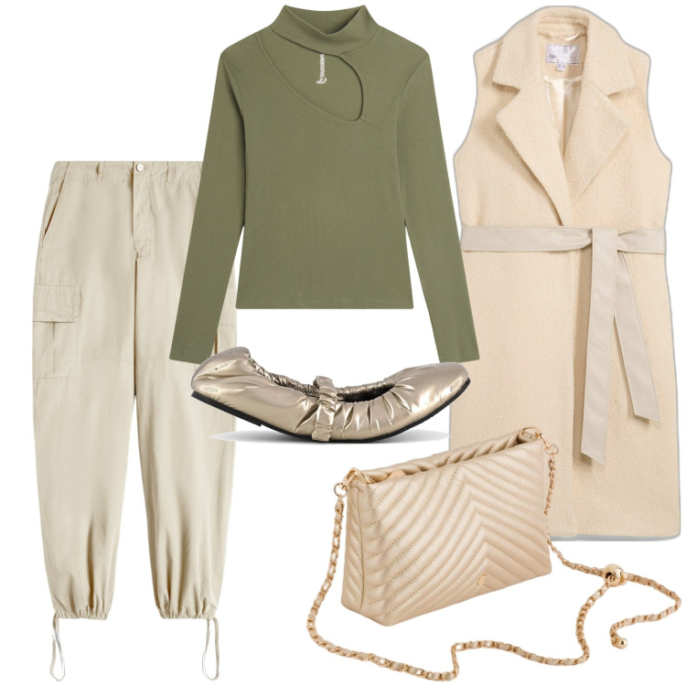 Outfit donna - Utility Soft - Il nuovo minimalismo. Stile Minimal per Tutti i giorni. Abbinamento con gilet, maglieria, pantaloni cargo, borse a tracolla, ballerine.