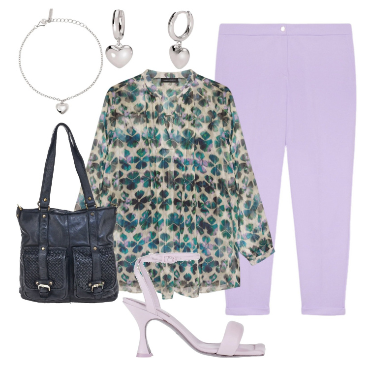 Outfit donna - Fiori alla moda. Stile Casual per Ufficio. Abbinamento con sandali in pelle, orecchini, braccialetti con ciondoli, bluse, pantaloni, borse a spalla.