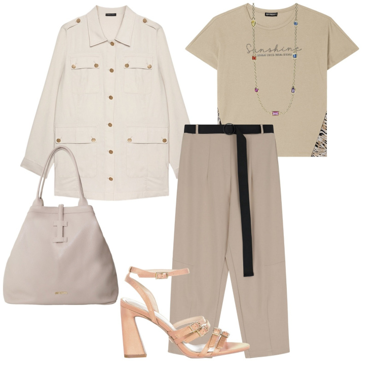 Outfit donna - Utility soft. per Tutti i giorni. Abbinamento con collane, sandali col tacco, pantaloni, borse tote, t-shirt, blazer.