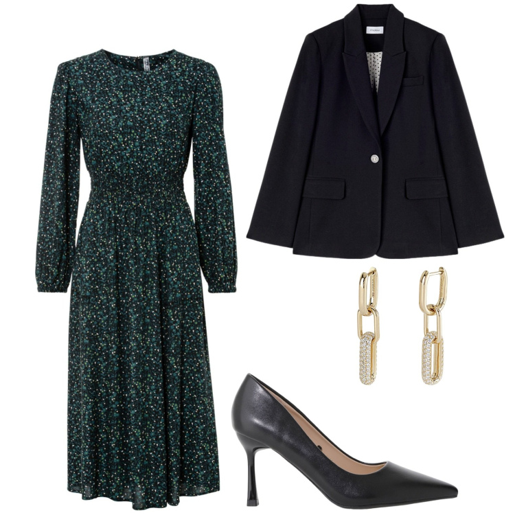 Outfit donna - Corazon. Stile Vintage retrò per Ufficio. Abbinamento con vestiti midi/longuette, orecchini, décolleté, blazer.