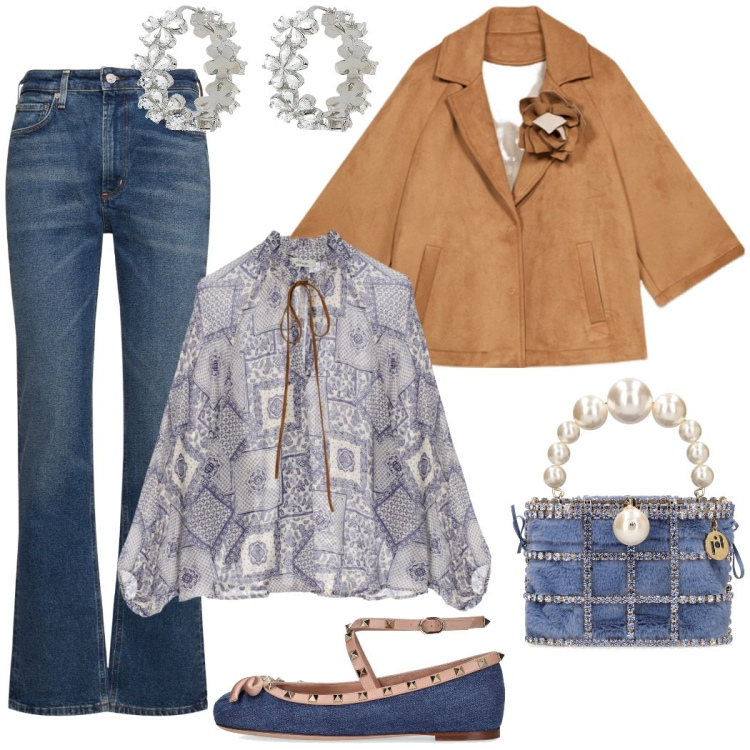 Outfit donna - Boho chic per l\' aperitivo. Stile Boho per Serata fuori. Abbinamento con orecchini, bluse, ballerine, jeans dritti, borse a mano, caban.