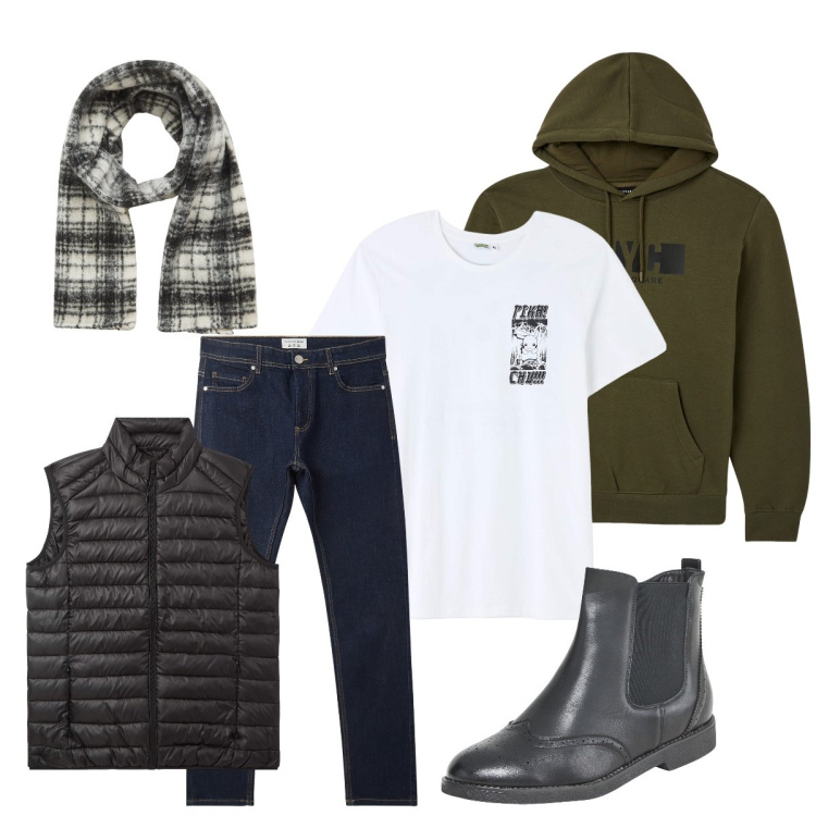Outfit uomo - E’ tornato l’inverno. Stile Casual per Tutti i giorni. Abbinamento con piumini, t-shirt, stivali e stivaletti, jeans skinny, sciarpe, felpe con cappuccio.