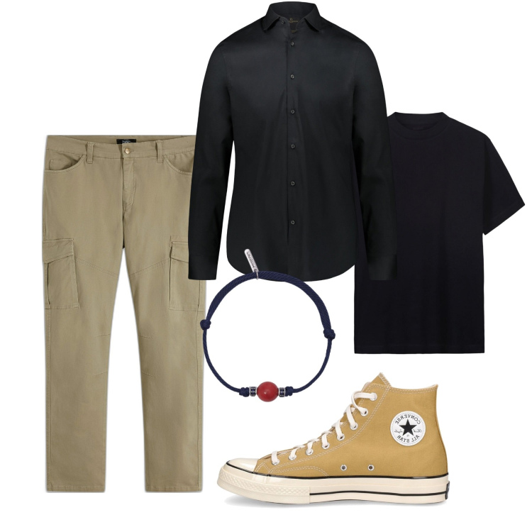 Outfit uomo - Nero su tutto. Stile Casual per Tutti i giorni. Abbinamento con pantaloni cargo, braccialetti, camicie, sneakers, t-shirt.
