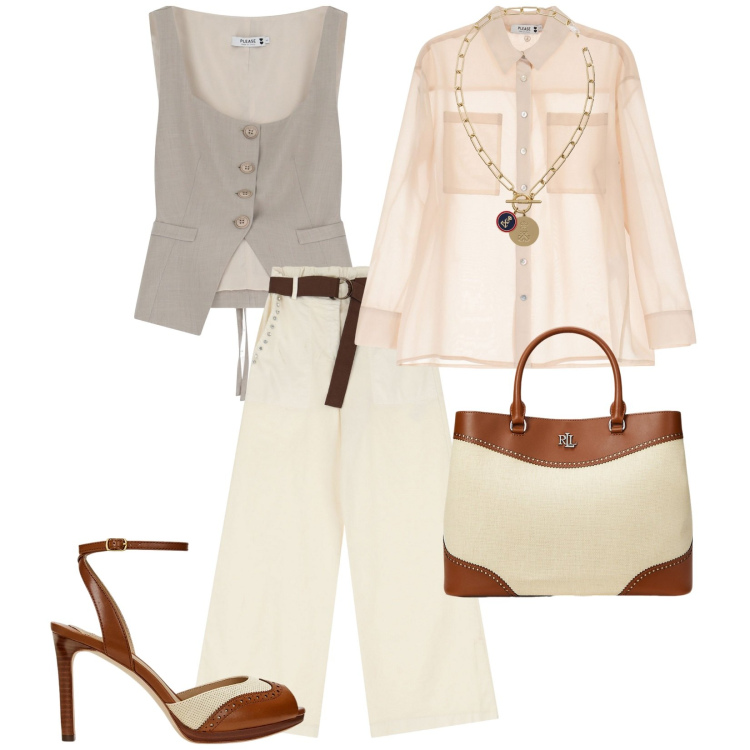 Outfit donna - Utility soft. per Ufficio. Abbinamento con camicie, gilet, pantaloni, sandali in pelle, ciondoli, borse a mano.