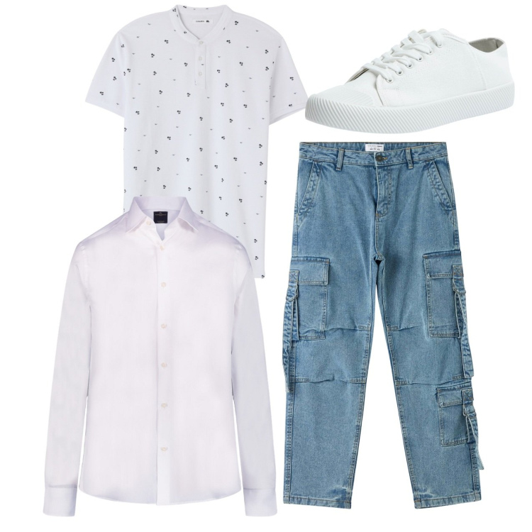 Outfit uomo - Bianco. Stile Casual per Tutti i giorni. Abbinamento con t-shirt, sneakers, jeans, camicie.