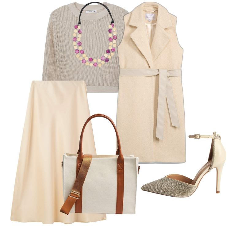 Outfit donna - Utility soft. per Ufficio. Abbinamento con gilet, gonne lunghe, décolleté, maglieria, shopping bag, collane.