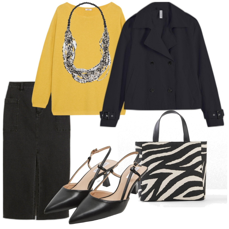 Outfit donna - Incontro con amici. per Serata fuori. Abbinamento con gonne longuette, borse a mano, trench, sabot, collane, maglieria.