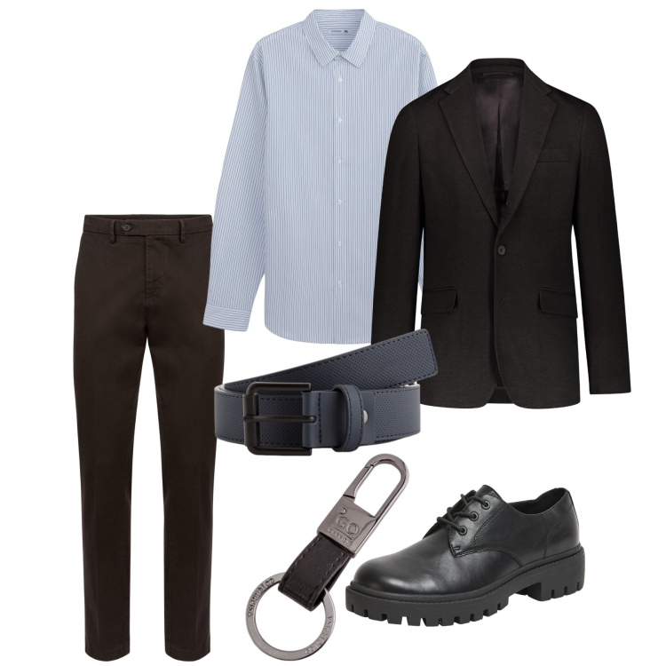 Outfit uomo - Senza cravatta. Stile Casual per Tutti i giorni. Abbinamento con camicie, scarpe stringate, giacche, pantaloni chino, cinture, portachiavi.
