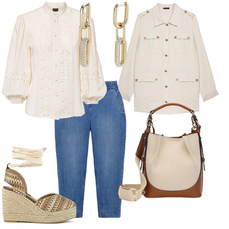 Outfit donna - Colori chiari primavera. per Tutti i giorni. Abbinamento con camicie, orecchini, blazer, zeppe, borse a mano, jeans.