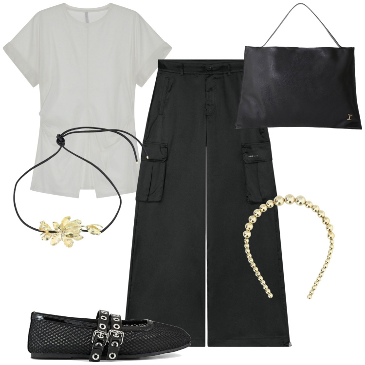 Outfit donna - Cargo effetto seta. Stile Casual chic per Tutti i giorni. Abbinamento con borse a spalla, t-shirt, pantaloni cargo, collane, cerchietti, ballerine.