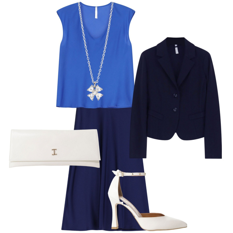 Outfit donna - Minimal and chic. Stile Chic per Cerimonia. Abbinamento con collane, gonne lunghe, top, blazer, décolleté, pochette.