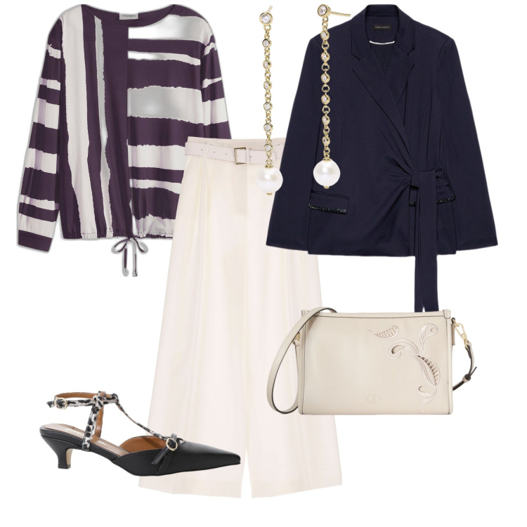 Outfit donna - Invito a cena. per Serata fuori. Abbinamento con maglieria, orecchini, décolleté, pantaloni a palazzo, blazer, borse a tracolla.