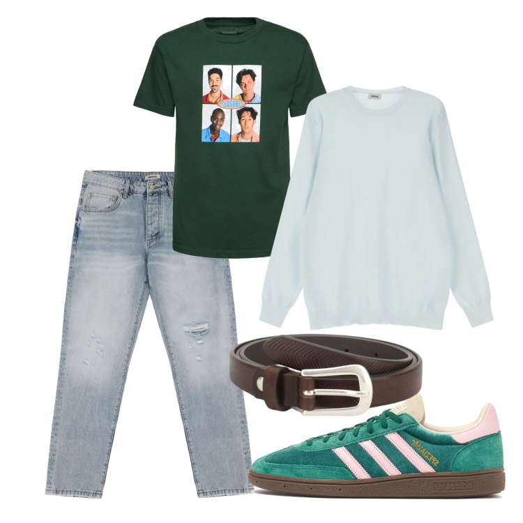 Outfit uomo - Green. Stile Casual per Tutti i giorni. Abbinamento con jeans strappati, maglieria, cinture, sneakers, t-shirt.