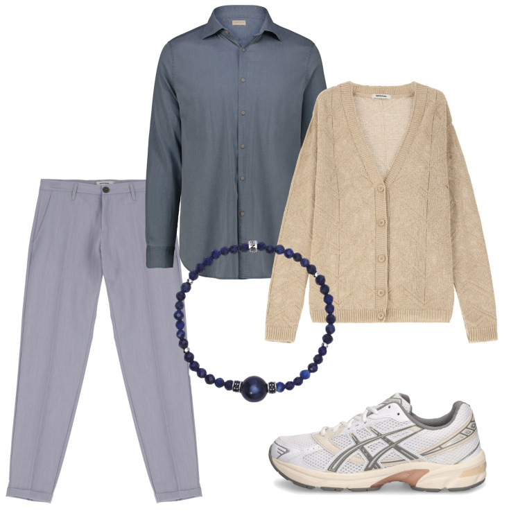 Outfit uomo - Aprile lungomare. Stile Casual per Tutti i giorni. Abbinamento con braccialetti, pantaloni, cardigans, sneakers, camicie.