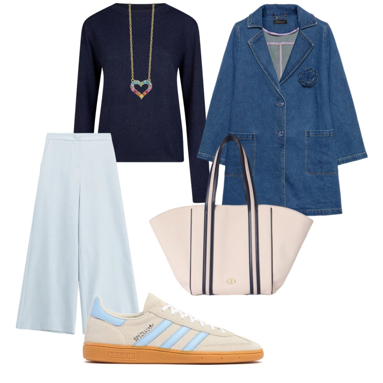 Outfit donna - Grandi spese per pasqua. per Tutti i giorni. Abbinamento con collane, pantaloni, trench, maglieria, sneakers, shopping bag.