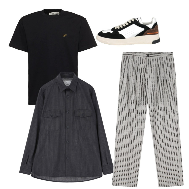 Outfit uomo - Righe in grigio. Stile Casual per Tutti i giorni. Abbinamento con sneakers, pantaloni, camicie, t-shirt.
