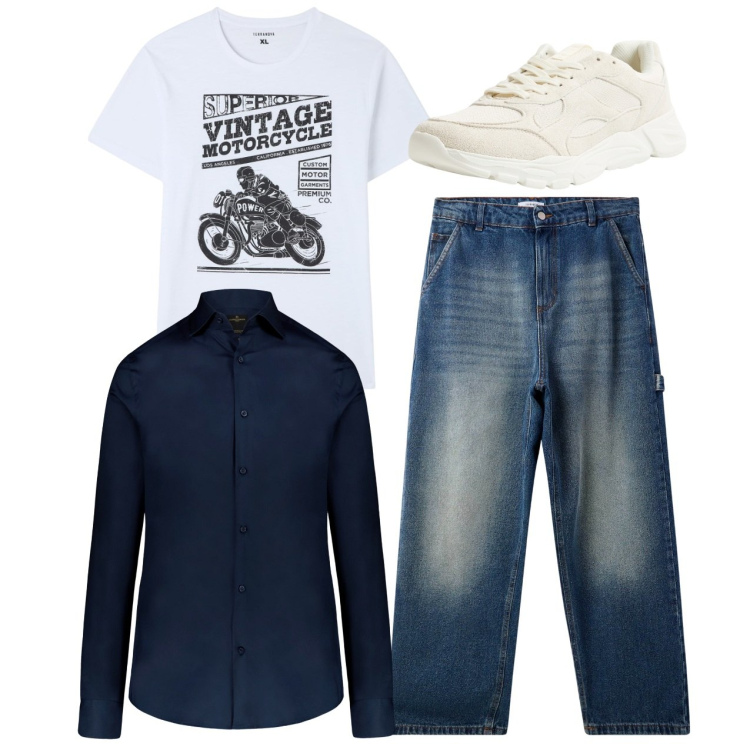 Outfit uomo - Casual in blu. Stile Casual per Tutti i giorni. Abbinamento con t-shirt, sneakers, jeans, camicie.