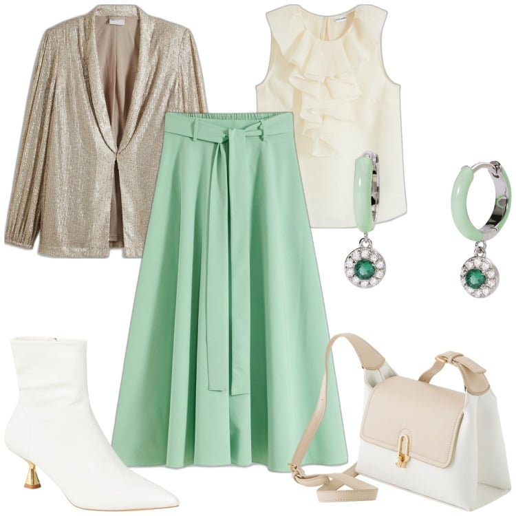 Outfit donna - Verde Menta. Stile Chic per Serata fuori. Abbinamento con gonne lunghe, bluse, blazer, stivaletti, orecchini, borse a tracolla.